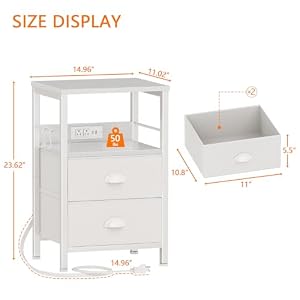 Furologee Night Stand with Charging Station, 2 Fabric Drawers, White — photo 3 of 6