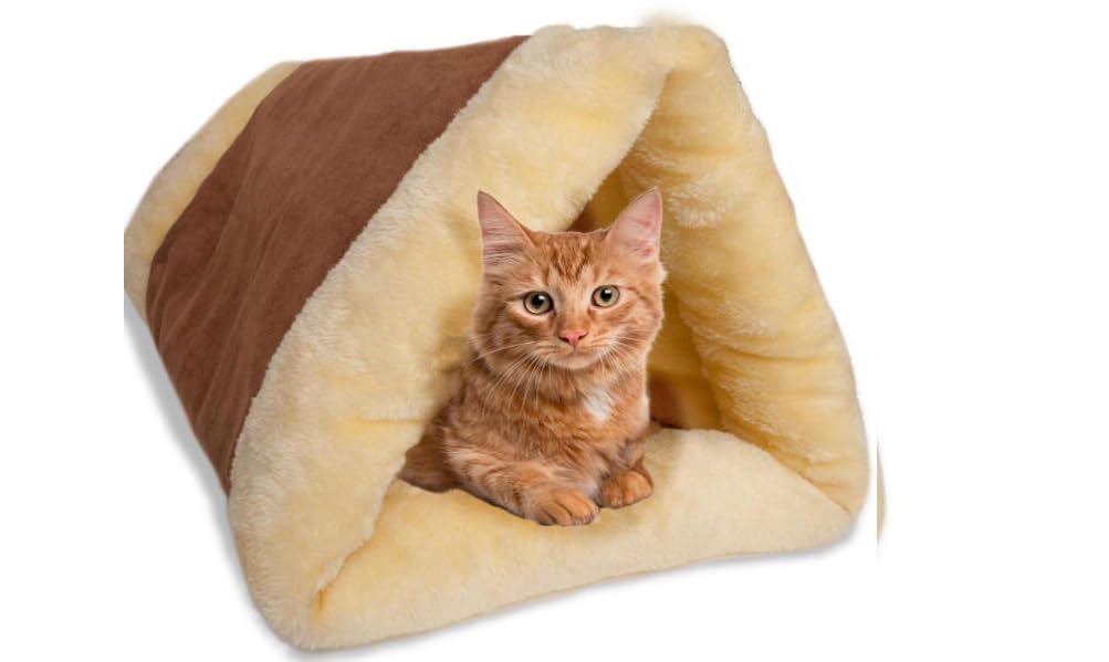 DreamLand's Cat Bed Cave House Bed - Best for Indoor Cats Houses Heated Kitten Warm Pet Self Warming w/Hoods Caves Igloo Covered Pod Felted Faux Felt Wool Cocoon (Adult Cat, Brown)
