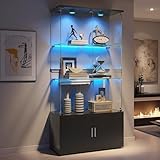 HFASD Glasvitrine Standvitrine mit LED, Glasvitrine Stehend mit 2 Türen, 3 Glasböden, Vitrinenschrank für Wohnzimmer, Büro, Bücher, Spielzimmer, 78,5 x 35 x 164 cm (Schwarz, 3 Etagen+TIPP-LED)