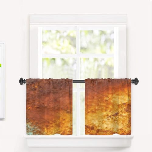 BaoNews Bronze Art Texture Blackout Tier Curtains, Texture Copper Sheet Marble Orange Half Window Drapes for Kitchen with Rod Pocket,Room Darkening 2 Pack 26X24 Inches
