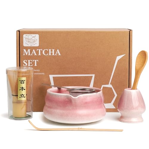 HEI MING Premium Matcha Set 6-teilig Exklusives Matcha Tee Set mit Bambus-Chasen (Besen) Rosa Keramik-Schale Sieb Löffel & Zubehör Originelles Geschenk für Matcha
