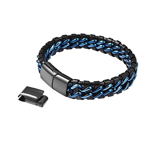 Men's Braided Genuine Leather Link Steel Chain Bracelet3