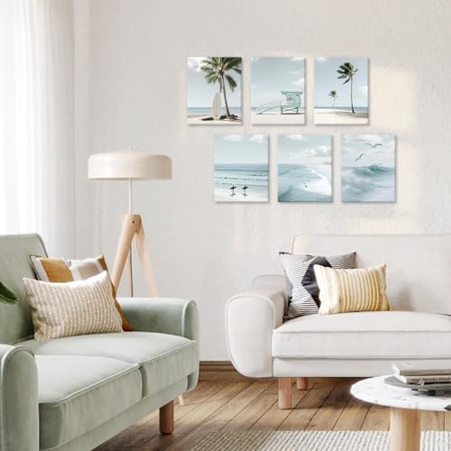 Image of CHDITB Beach Canvas Wall Art, Coastal Palm Tree Surfboard Wall Decor, Ocean Wave Seagull Artwork, Minimalist Surfing Pictures, Tropical Beach Prints for Bathroom Living Room seaside Bedroom 8 inchx10 inchx6