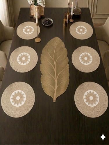 Image of Dakshya Industries PVC Waterproof Round Table Placemats & Table Runner Combo | 6 Round Mats (38 x 38 cm) + 1 Runner (91 x 33 cm) | Heat Resistant, Washable, Non Slip (Orvista)