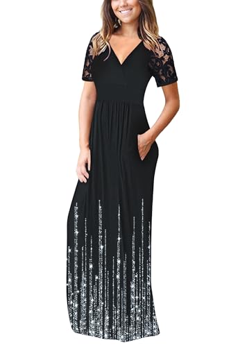 Image of AUSELILY Maxi Dresses for Women 2026 Lace Short Sleeve V Neck Wrap Long Dress with Pockets