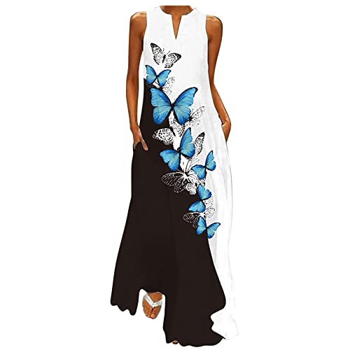 Maxi Dress For Women Summer Beach Vocation 2023 Butterfly Floral Printed Casual Long Dresses Crewneck Sleeveless Flowy Dress #TOP18