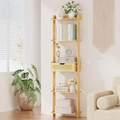 Amazer Bamboo Ladder Shelf, 5-Tier Wall Mounted Ladder Bookshelf with Drawer, Ladder Bookcase Rack...
