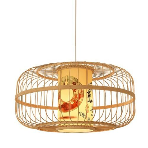 Lustre plafonnier à abat-jour tissé en bambou avec lampe suspendue double couche pour salon