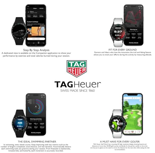 TAG Heuer Smart Watch, Fitness Watch, Connected Calibre E4 45 mm Golf Edition, Touch Screen, Waterproof, Calls, SMS, Steps, Heart Rate, Wellness, Titanium, White Or Black/Green Straps, SBR8A81.EB0251