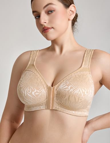Image of Wingslove Women's Front Closure Minimizer Bra Full Coverage Wirefree Comfort Plus Size Racerback Jacquard Non Padded