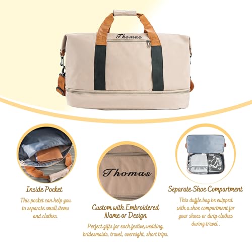 Travel Duffle Bag for Men - Personalized Khaki Weekender Overnight Duffle with Trolley Sleeve - 32L Large Carry On Sports Gym Bag with Shoe Compartment - Custom Groomsman Gift for Him3