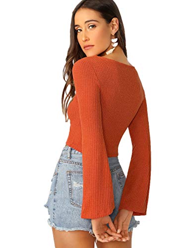 Image of SweatyRocks Women's Adjustable Drawstring String Long Bell Sleeve Rib Knit Sexy Crop Top