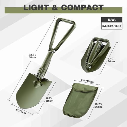 REDCAMP 23" Military Folding Camping Shovel w/Cover,Portable Shovel with High Manganese Steel, Tactical Entrenching Tool Tri-fold Handle Shovel for Camping Hiking Sand Mud Snow Beach, Green 2.5Lbs - Thumbnail 2