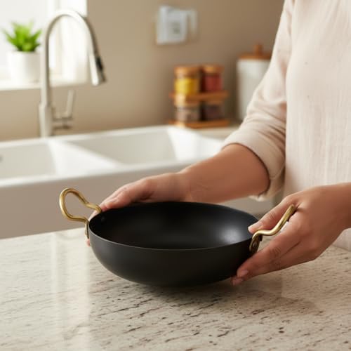 Image of LAZYwindow Traditional Iron Kadhai Deep Bottom Kadai /Frying Kadhai with Handle | Scratch Resistant & Metal Spoon Friendly | Sturdy Handles | Dia 20 cm