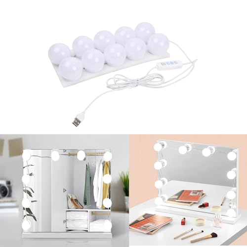 Qtuie Luces Tocador 10 Bombillas de Espejo Regulables Luces para Espejo Maquillaje Lámparas Para el Espejo LED 3 Color y 10 Brillo Luces de Vanidad Para Espejo,Maquillaje,Tocador