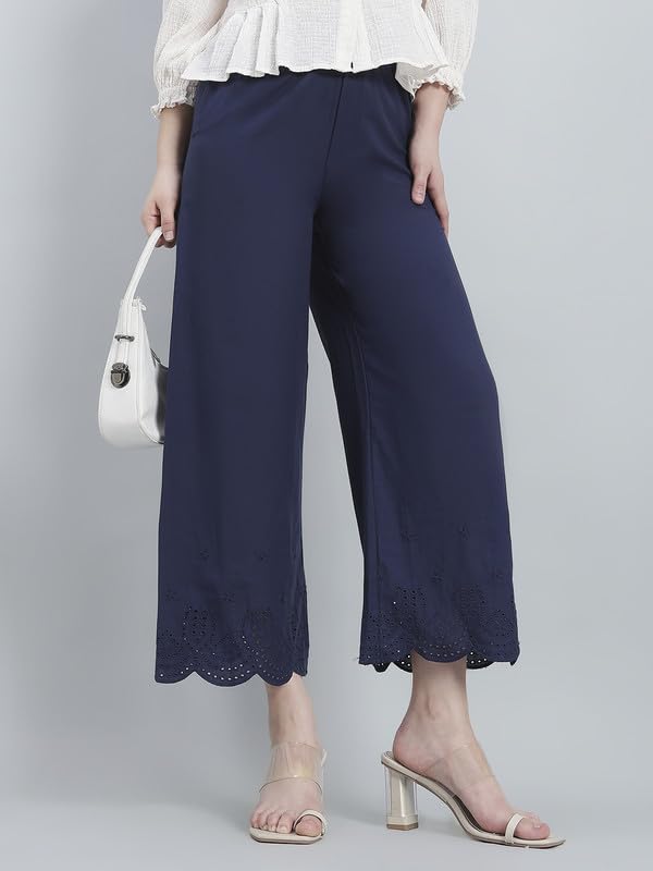 Image of GO COLORS Women's Cotton Hakoba Palazzo | Ankle Length, Schiffli Embroidery, Relaxed Fit, Mid-Rise with Side Pocket