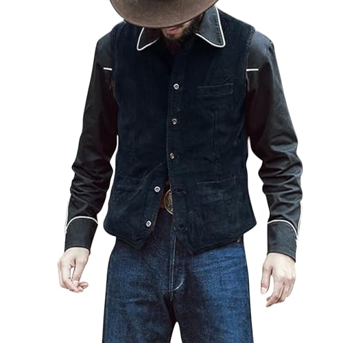 Mens Casual Cowboy Corduroy Suit Vest V-Neck Vintage Faux Suede Waistcoat for Men Slim Fit Sleeveless Casual Vest Jacket