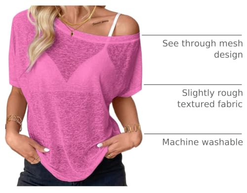 Image of Hilinker Women's Sheer Off The Shoulder Tops See Through Sexy Short Sleeve Mesh Shirt Summer