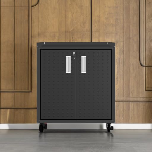 Image of Manhattan Comfort Fortress Rolling Garage Storage Cabinet with 2 Adjustable Shelves, Lockable Metal Tool Compartment, Heavy-Duty Mobile Utility Organizer with Wheels, Charcoal Gray