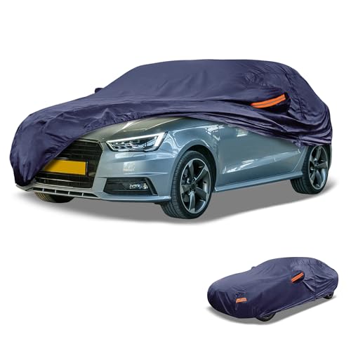 Partuto Universal Car Cover Waterproof All Weather 190T-PU, UV Sun Rain Protection, Fits for Sedan Length Up to 177', with Left Side Zipper, Navy Blue