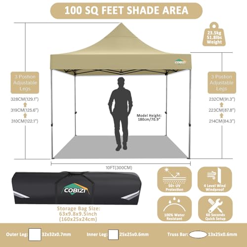 COBIZI-10×10-Pop-Up-Canopy-Without-Sidewall-10-x-10-ft-Khaki COBIZI 10×10 Pop Up Canopy Without Sidewall 10 x 10 ft Khaki