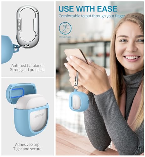 Image of SURITCH Clear Case for Bose QuietComfort Earbuds II 2022 /QuietComfort Ultra 2023 Cover, Full-body Shockproof TPU Protective Case with Carabiner & Key Ring & Transparent Logo Window(Blue)