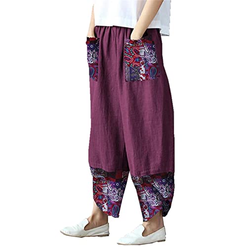 Women's Patchwork Linen Wide Leg Pants Elastic Waist Casual Capri Harem Trousers Loose Tapered Lounge Baggy Pant (Purple,X-Small)
