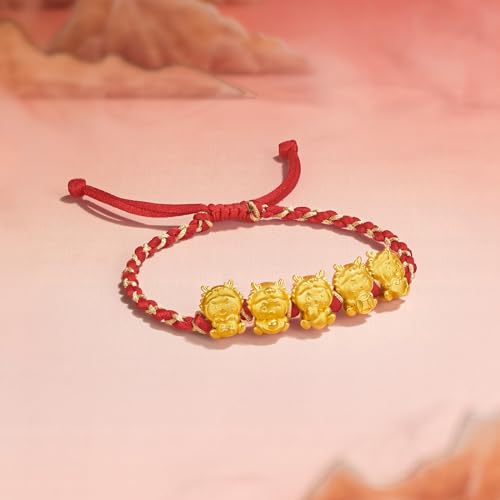 24K Solid Gold Bracelet Five Snake Dragon Pure Gold Charm Red Braided Bracelet Cute Animal Jewelry for Women Mom Daughter Birthday New Year 6.3-8.7"(16+6cm)3