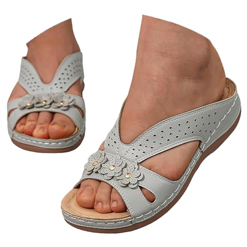 Sandalias ortopédicas para mujer, sandalias de cuero para mujer, sandalias cómodas para mujer, zapatos de playa, pantuflas florales, sandalias de punta abierta, sandalias casuales con soporte de arco