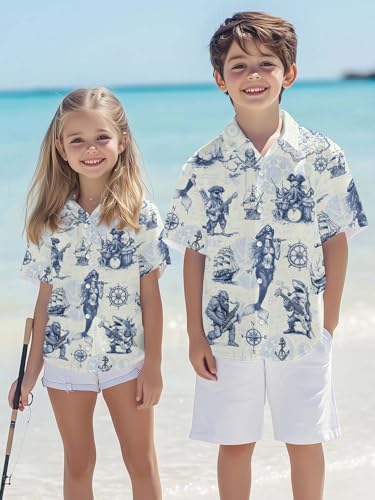 Image of THE PIRATE KING Funny Pirate Hawaiian Shirt Boys Girls Beach Tropical Casual Short Sleeve Button Down Shirt for 5-14 Years