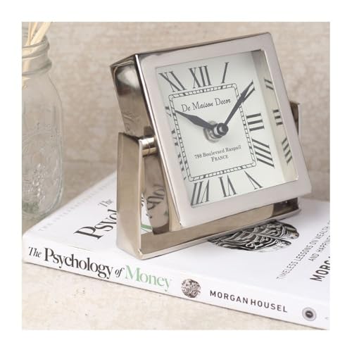 Image of Decor de Maison Brings Handcrafted Time's Canvas - The Table Clock for KidsRoom, Living Room, Bedroom, Study Table|Classic Non-Ticking Battery Operated Analog Desk Clock in Silver (12x3x12cm)