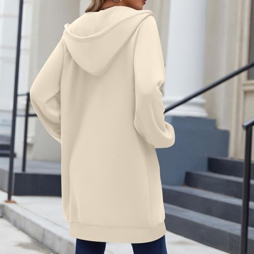 Generisch Winterjacke Damen Lang Sweatjacke mit Kapuze Casual Einfarbig Hoodie Herbst Winter Übergangsjacke Zipper Kapuzenjacke mit Taschen Locker Kapuzenpullover Leichte Jacke Mantel