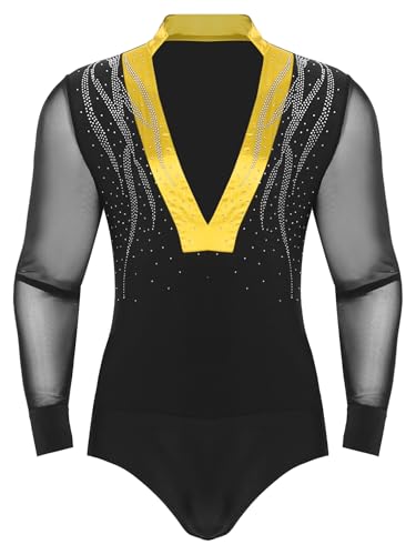 iiniim Maillot de Danza para Hombres Cuello en V Mono de Gimnasia Rímitica con Mangas Largas Body de Danza Latina Rumba Pedrerías Brillantes Actuación S-XXL Amarillo M