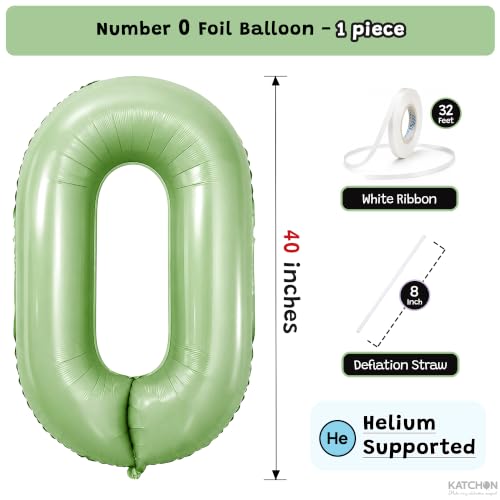Image of KatchOn Sage Green Foil Number 0 Balloon, 40 Inch, Birthday Decorations