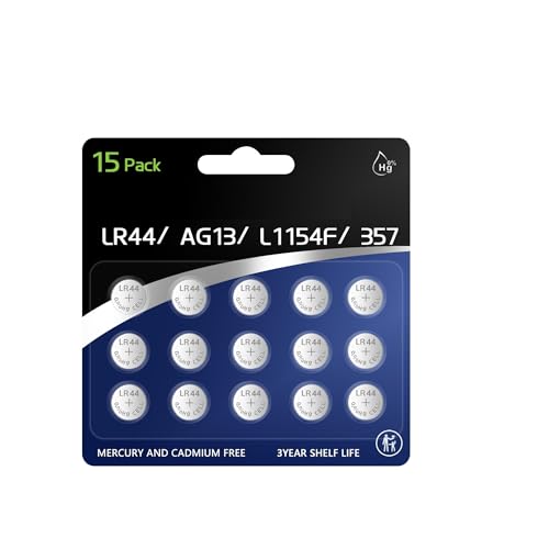 HoootCell L1154f Battery AG13 Battery LR44 Batteries SR44 A76 L1154 357 303 L1154h Button 1.5v Alkaline Coin Cell for Watch (15 Count)