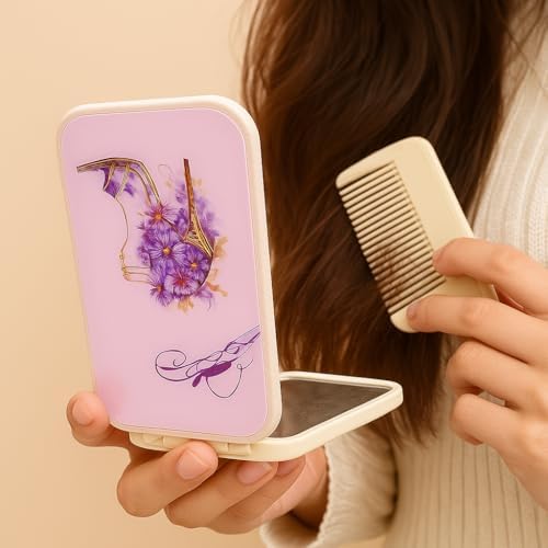 Iguana Portable Folding Mirror Comb Set | Compact Travel Size Hair Comb with Built-in Mirror | Cream White with Purple Flower Design | Random Pattern image 5