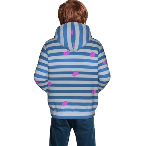 Blue White Striped Heart Boy, Girls Sports Shirt Youth Pullover Fashion Hooded Sweatshirt2