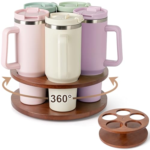 Image of MyLifeUNIT Water Bottle Organizer for Stanley Cups 40oz /30oz /20oz, 360 Rotating Wooden Tumbler Organizer, Stanley Cup Holder for Cabinet Storage (Brown)