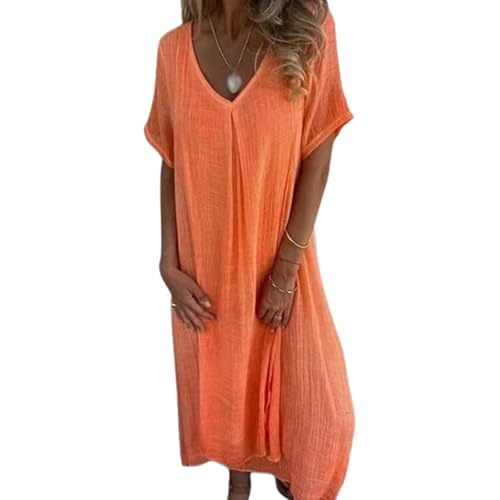 Midikleid aus Baumwolle und Leinen mit V-Ausschnitt,Midi-Leinenkleider für Frauen, Solides Freizeitkleid (Orange,S)