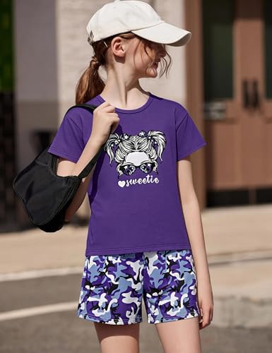 Image of mksodopy Girls Summer Clothse Graphic Print Front and Back High and Low Irregular T-shirt Cycling Shorts Set