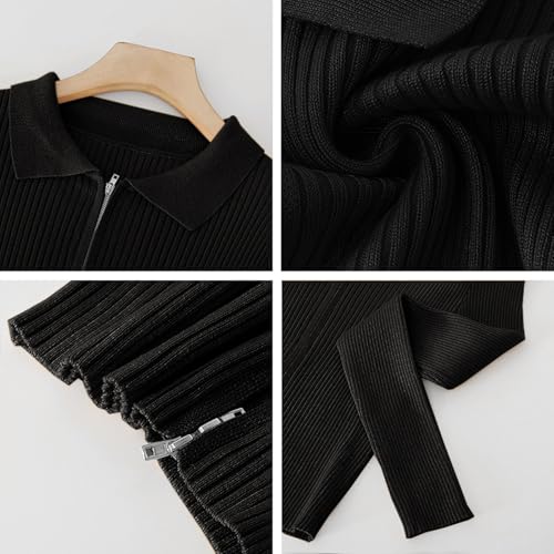 Image of Women's Zip Up Sweater Long Sleeve Polo V Neck Ribbed Knit Slim Cropped Sweater Pullover Trendy Tops