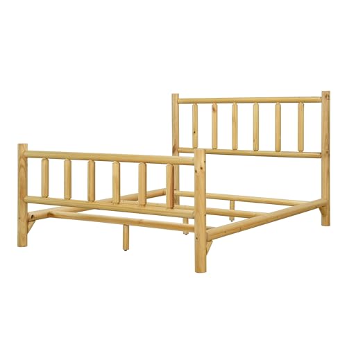 Farmhouse-Log-Platform-Frame-with-Headboard-and-Footboard-Rustic-Style-Pure-Solid-Pine-Cylinder-Construction-Bed-Frame-Fits-Mattresses-and-Box-Springs-Queen-Size-Natural Farmhouse Log Platform Frame with Headboard and Footboard Rustic Style Pure Solid Pine Cylinder Construction Bed Frame Fits Mattresses and Box Springs Queen Size Natural