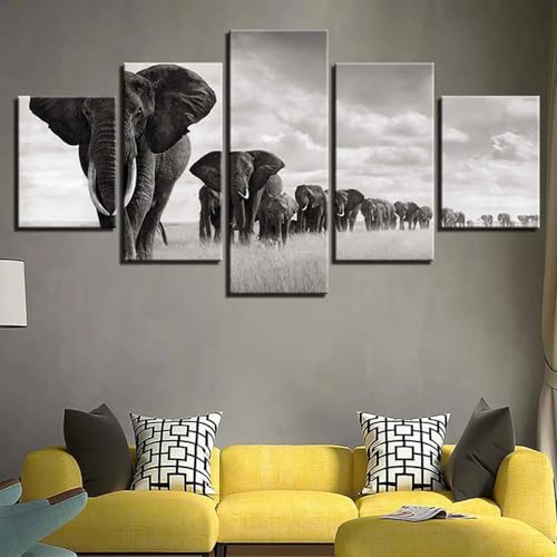 WAGYU tableau multi panneau 5 parties Affiches d’éléphants d’animaux tableau imprimé sur toile,tableau imprimé xxl,tableau deco murale,tableaux,posters...