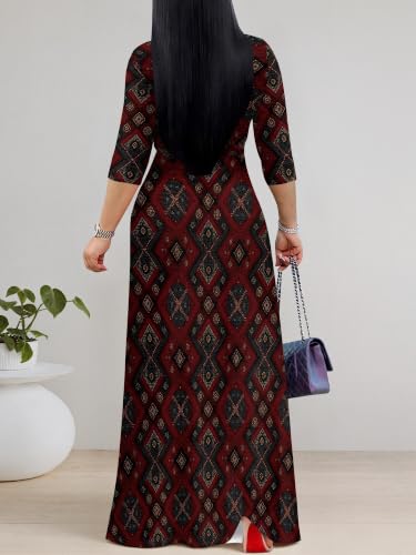 Image of PinkPatty Plus Size Maxi Dress for Women Casual V Neck 3 /4 Sleeve Boho Printed Long Dress with Pockets