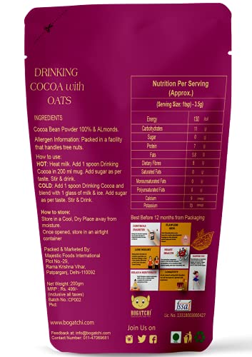 Image of BOGATCHI Real Drinking Cocoa with Oats|NO Sugar Drinking Chocolate | Tasty - Gluten Free - Vegan | Dark NO Sugar Drinking Chocolate | Cocoa Powder | 200g