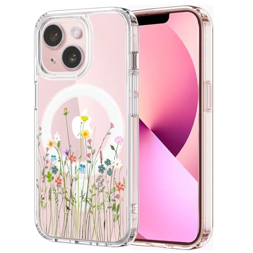 Unov Case Compatible with iPhone 13 Mini iPhone 12 Mini Case Magnetic Clear with Design Compatible with MagSafe Slim Protective Soft TPU Bumper with Hard PC Back Embossed Pattern (Flower Bouquet) - image 1