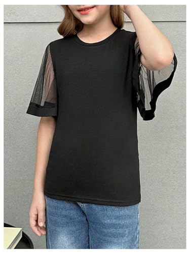 SHENHE Girl's Mesh Flutter Short Sleeve Top Crew Neck Summer Dressy Going Out Tee Shirt4