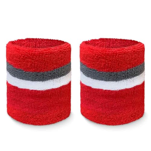 COUVER Tennis Style Premium Quality Athletic Terry Wristband Sweatband, 1 Pair, 4 inch Red/Charcoal/Red