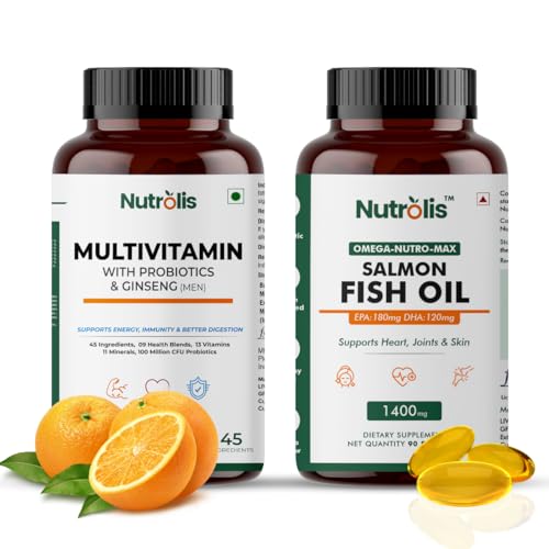 Image of Nutrolis Men's Multivitamin & Omega-3 Salmon Fish Oil Combo - Boosts Energy, Immunity & Joint Health | EPA 180mg DHA 120mg | Heart, Brain & Skin Support | 60 Tablets + 90 Softgels