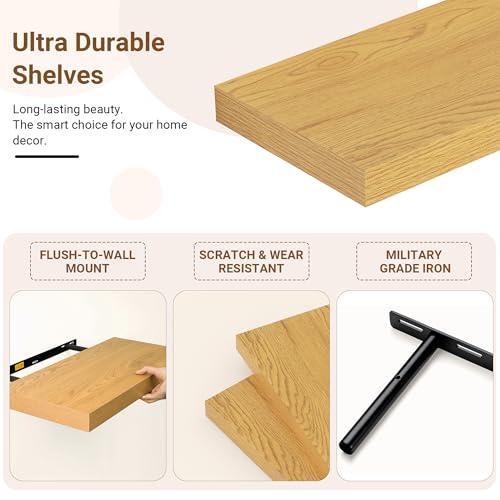 Image of 55 Inch Floating Shelves, 12 Inch Deep Floating Shelves for Wall, Extra Deeper & Thicker Wooden Wall Shelf with Invisible Brackets, Shelf for Bedroom Living Room Home Decor(Oak, Set of 2)
